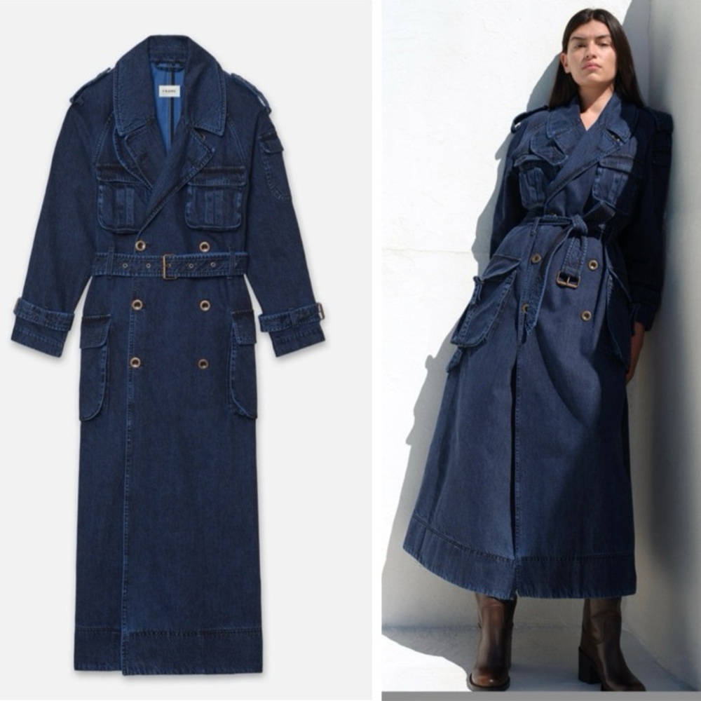 NWT FRAME Denim Cargo Trench Coat in "Drive" | Made in Italy 100% Cotton Sz S
